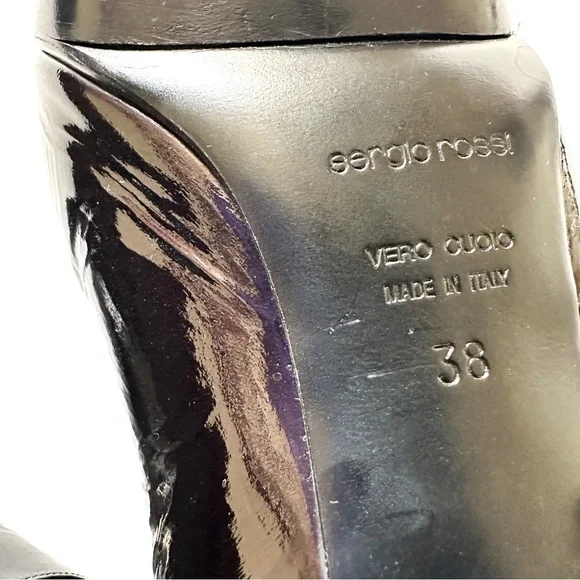 Sergio Rossi Crinkle Patent Leather Open-toe Booties Golden Statement Buckles 38 - Picture 14 of 14